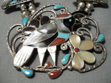 Native American Opulent Vintage Navajo Turquoise Inlay Sterling Silver Squash Blossom Necklace-Nativo Arts