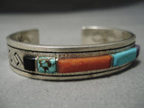 Important Irvin Tso Vintage Native American Navajo Etch Sterling Silver Turquoise Inlay Bracelet-Nativo Arts
