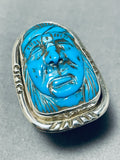 Native American Completely Hand Carved Turquoise Sterling Silver Chief Ring-Nativo Arts