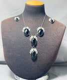 Impressive Vintage Native American Navajo Jet Sterling Silver Necklace And Earring Set-Nativo Arts