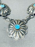 Traditional Native American Navajo Old Kingman Turquoise Sterling Silver Concho Necklace-Nativo Arts