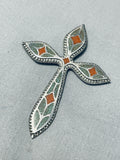 Very Detailed Vintage Native American Navajo Turquoise Coral Sterling Silver Cross Pendant-Nativo Arts