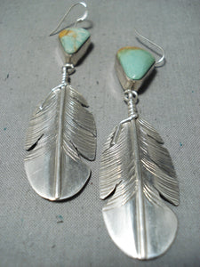 Exceptional Native American Navajo Royston Turquoise Sterling Silver Feather Earrings-Nativo Arts