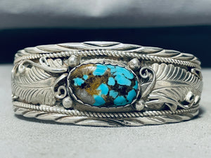 Corb Joe Vintage Native American Navajo Morenci Turquoise Sterling Silver Leaf Bracelet-Nativo Arts