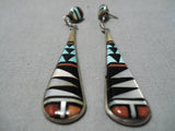 Fabulous Vintage Zuni Native American Turquoise Inlay Sterling Silver Earrings-Nativo Arts