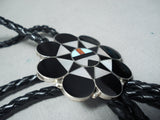 Marvelous Native American Zuni Inlay Jet Turquoise Coral Mother Of Pearl Sterling Silver Bolo-Nativo Arts
