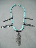 Stunning Vintage Native American Navajo Turquoise Sterling Silver Feathers Necklace-Nativo Arts