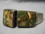 Opulent Vintage Native American Navajo Squared Green Turquoise Sterling Silver Bracelet Old-Nativo Arts
