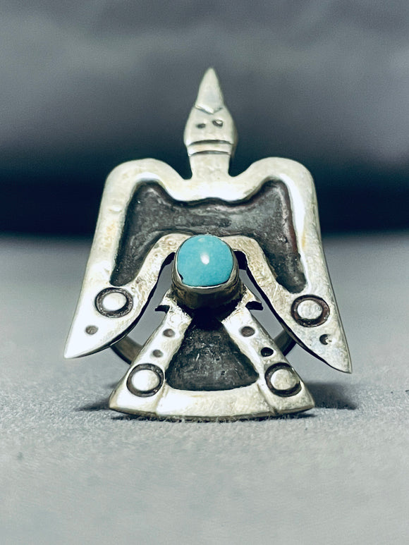 Important Vintage Native American Navajo Old Kingman Turquoise Sterling Silver Waterbird Ring-Nativo Arts