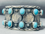 Spectacular San Felipe Signed Blue Gem Turquoise Sterling Silver Dimes Cuff-Nativo Arts