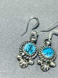Pretty Native American Navajo Kingman Turquoise Sterling Silver Dangle Earrings Signed-Nativo Arts