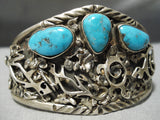 Detailed Petroglpyh Vintage Native American Navajo Turquoise Sterling Silver Bracelet Old-Nativo Arts