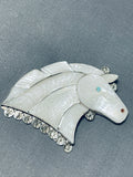 Important Vintage Native American Zuni Mother Of Pearl Sterling Silver Horse Pin-Nativo Arts