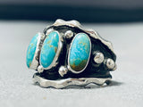 Remarkable Native American Navajo 3 Blue Gem Turquoise Sterling Silver Ring-Nativo Arts