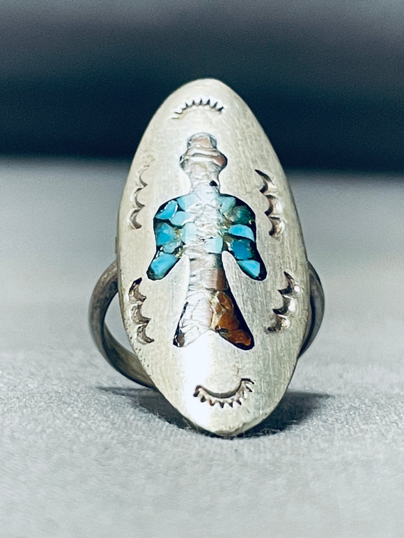 Longbird Vintage Native American Navajo Turquoise Coral Sterling Silver Inlay Ring Old-Nativo Arts