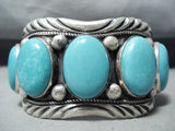 Heavy Signed Vintage Native American Navajo 5 Turquoise Sterling Silver Bracelet-Nativo Arts