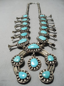 Heavy Vintage Native American Navajo Turquoise Sterling Silver Squash Blossom Necklace-Nativo Arts