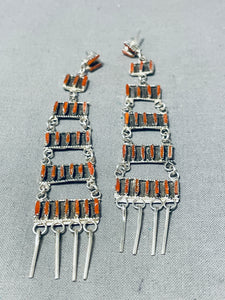 Tiers Of Gorgeous Native American Navajo Coral Sterling Silver Earrings-Nativo Arts