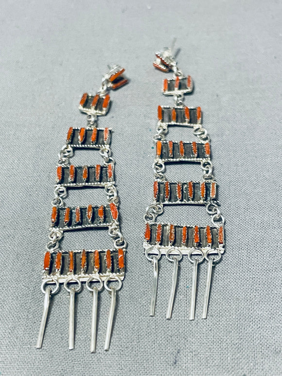 Tiers Of Gorgeous Native American Navajo Coral Sterling Silver Earrings-Nativo Arts