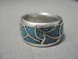 Thick Vintage Native American Navajo Turquoise Floral Sterling Silver Ring Old-Nativo Arts