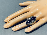 Superb Vintage Native American Navajo 2 Black Onyx Teardrops Sterling Silver Ring-Nativo Arts