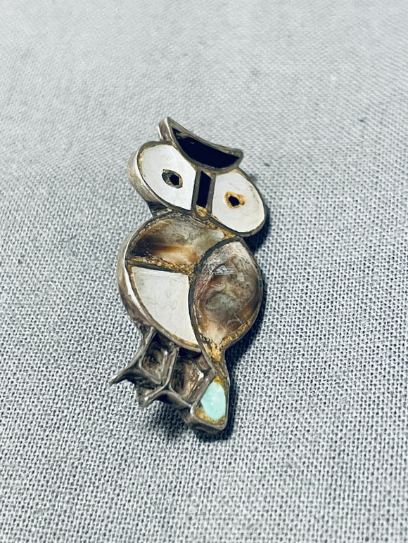 Incredible Vintage Native American Zuni Turquoise Jet Sterling Silver Owl Pin-Nativo Arts