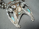 Detailed Vintage Native American Zuni Turquoise Owl Sterling Silver Squash Blossom Necklace-Nativo Arts