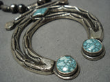 Vintage Native American Navajo Spiderweb Turquoise Sterling Silver Squash Blossom Necklace Old-Nativo Arts