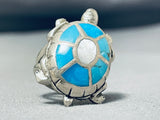 Outstanding Vintage Native American Navajo Kingman Turquoise & Mop Sterling Silver Tiurtle Ring-Nativo Arts