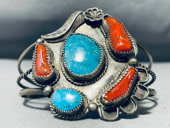 Chunky Coral Vintage Native American Navajo Turquoise Sterling Silver Bracelet Old-Nativo Arts