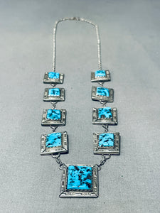 Palatial Vintage Native American Navajo Squared Turquoise Sterling Silver Necklace-Nativo Arts