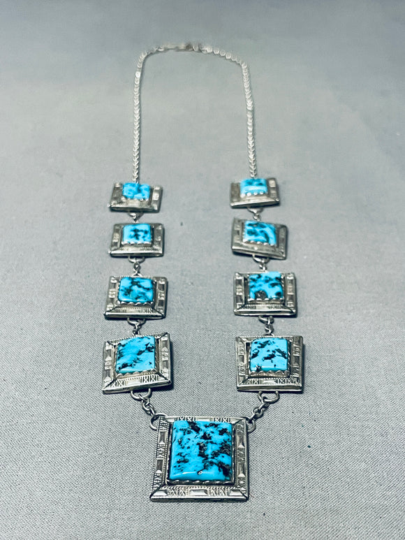 Palatial Vintage Native American Navajo Squared Turquoise Sterling Silver Necklace-Nativo Arts