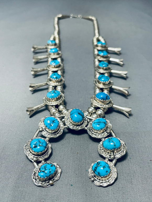 Gasp! Vintage Native American Navajo Blue Turquoise Sterling Silver Squash Blossom Necklace-Nativo Arts