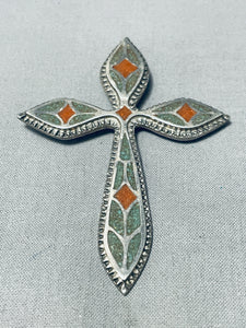 Very Detailed Vintage Native American Navajo Turquoise Coral Sterling Silver Cross Pendant-Nativo Arts