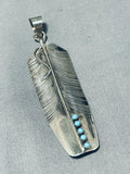 Long Hand Carved Vintage Native American Navajo Turquoise Sterling Silver Feather Pendant-Nativo Arts