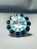 Very Detailed Authentic Vintage Native American Zuni Turquoise Sterling Silver Inlay Ring-Nativo Arts