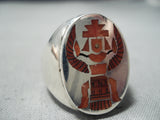 Heavy Intricate Detailed Native American Zuni Coral Sterling Silver Inlay Ring-Nativo Arts