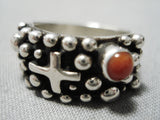 Excellent Navajo Coral Sterling Silvercross Ring Native American-Nativo Arts