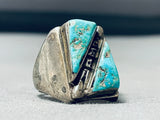Unique Vintage Native American Navajo 2 Large Morenci Turquoise Sterling Silver Ring-Nativo Arts