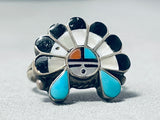 Rare Vintage Signed Native American Zuni Inlay Blue Gem Turquoise Sunface Sterling Silver Ring-Nativo Arts