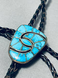 One Of The Finest Vintage Native American Zuni Turquoise Inlay Sterling Silver Bolo Tie-Nativo Arts