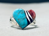 Incredible Native American Navajo Inlay Turquoise Spiny Shell Jet Sterling Silver Heart Ring-Nativo Arts
