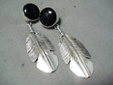 Expert Detail Native American Navajo Sterling Silver Black Stone Feather Earrings-Nativo Arts