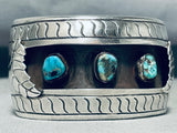 Detailed Wide Vintage Native American Navajo Morenci Turquoise Sterling Silver Leaf Bracelet-Nativo Arts