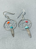 Unique Native American Navajo Turquoise Coral Sterling Silver Dream Catcher Earrings-Nativo Arts