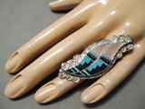 Amazing Hand Carved Zuni Native American Turquoise Sterling Silver Coral Ring-Nativo Arts