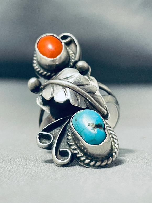 Impressive Vintage Native American Navajo Turquoise & Coral Sterling Silver Ring-Nativo Arts