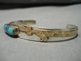 Symbolic Vintage Native American Navajo Gold Yei Blue Warrior Turquoise Sterling Silver Bracelet-Nativo Arts