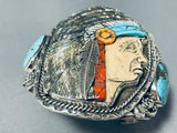 Native American One Of Most Intricate Ever Turquoise Hand Carved Chief Sterling Silver Bracelet-Nativo Arts