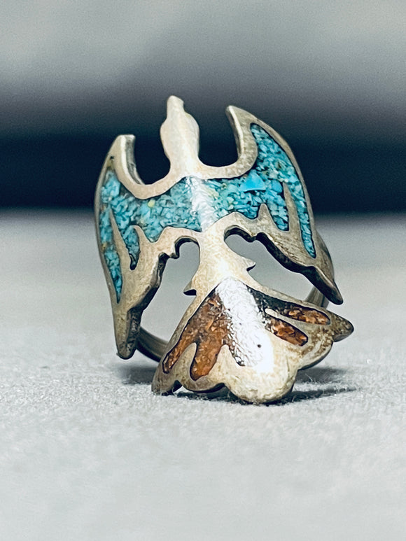 Very Old Authentic Vintage Native American Navajo Turquoise Coral Sterling  Silver Ring